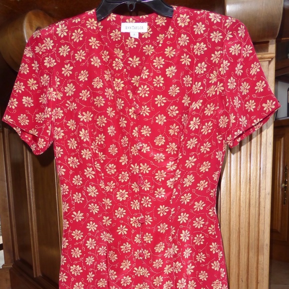 Annr Taylor Red dress with tan floral medallions - Picture 3 of 8